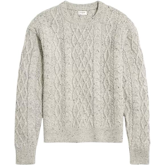 J Crew HRTHR Khaki Donegal Cable Knit Crew Neck Sweater Fisherman Womens Sz L - Picture 1 of 7